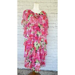 Evenings By Pantagis Flare Sleeves Floral Pink Ruffle Tiered Chiffon Dress Sz 14